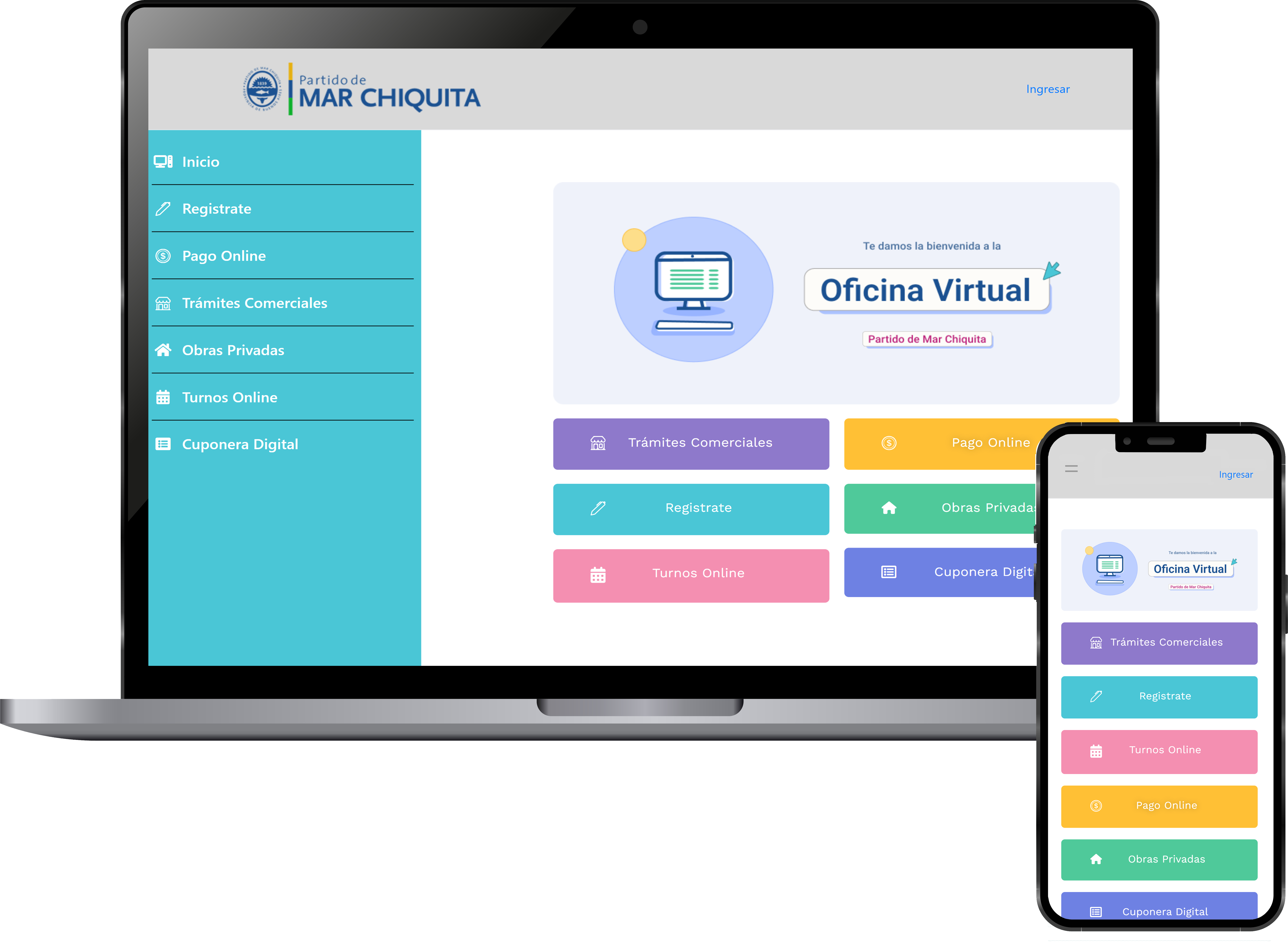 Oficina virtual Mar Chiquita en notebook y celular